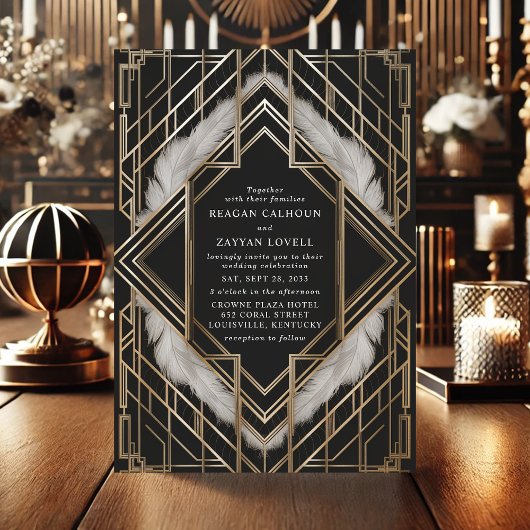  Zwart Goud Veer Art Deco Wedding Kaart