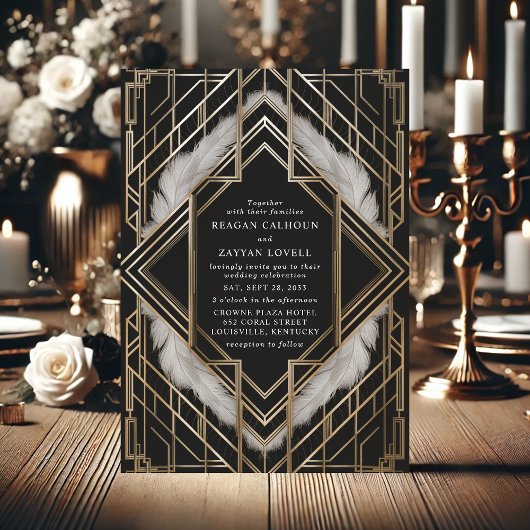 Zwart Goud Veer Art Deco Wedding Kaart