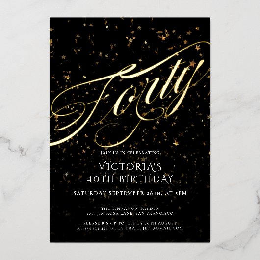 Zwart Goud Veertig Stijlvolle Confetti 40e Verjaar Folie Uitnodiging (Voorkant)