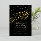 Zwart Goud Veertig Stijlvolle Confetti 40e Verjaar Folie Uitnodiging (Staand Voorkant)