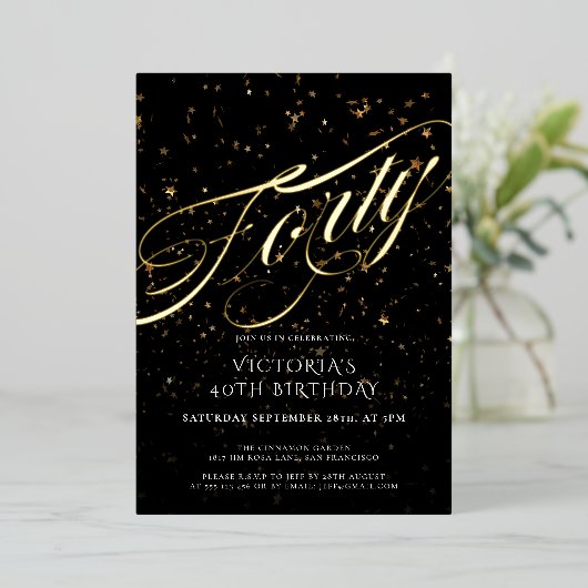 Zwart Goud Veertig Stijlvolle Confetti 40e Verjaar Folie Uitnodiging (Staand Voorkant)