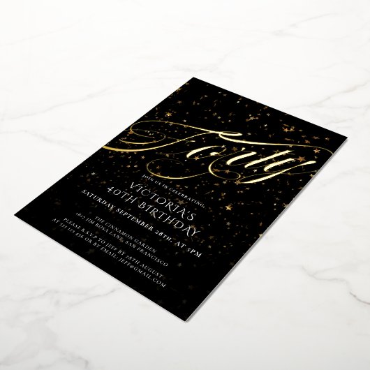 Zwart Goud Veertig Stijlvolle Confetti 40e Verjaar Folie Uitnodiging (Gedraaid)