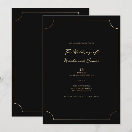 Zwart & Goud Verfijnde Minimale Bruiloft Kaart (Voorkant / Achterkant)