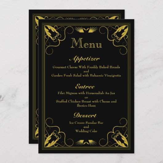  zwart goud verguld leeftijd bruiloft menu (Voorkant / Achterkant)