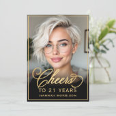 Zwart & Goud Verjaardag Proost op 21 jaar Foto Kaart (Staand voorkant)