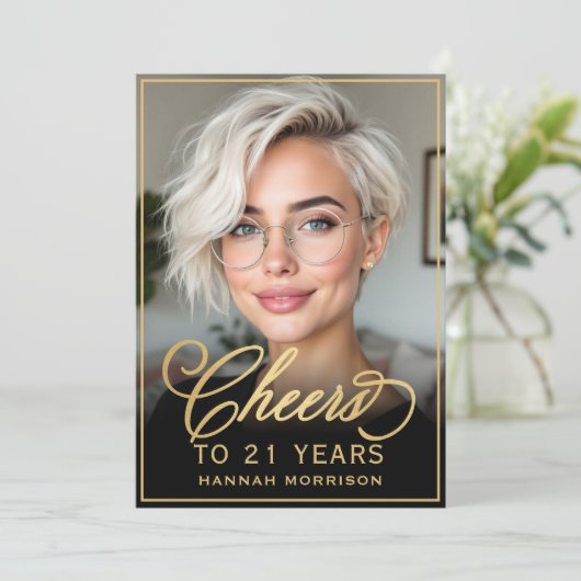 Zwart & Goud Verjaardag Proost op 21 jaar Foto Kaart (Staand voorkant)