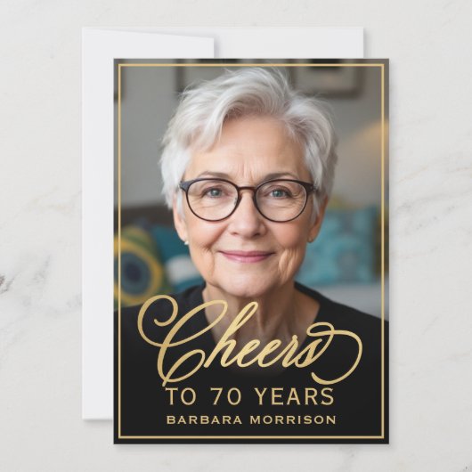 Zwart & Goud Verjaardag Proost op 70 Jaar Foto Kaart (Voorkant)