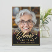 Zwart & Goud Verjaardag Proost op 90 Jaar Foto Kaart (Staand voorkant)