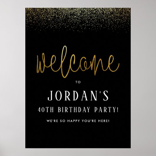 Zwart & Goud Verjaardagsfeestje Welkomstbord Poster (Voorkant)
