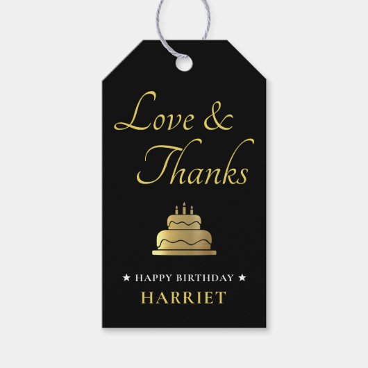 Zwart & Goud Verjaardagstaart Dank u Cadeaulabel (Voorkant)
