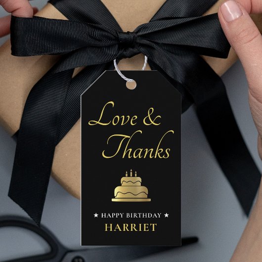 Zwart & Goud Verjaardagstaart Dank u Cadeaulabel