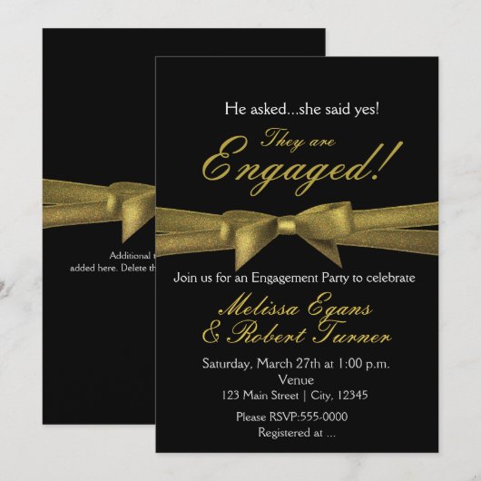 Zwart & Goud Verloving Chic Bow Party Uitnodiging (Voorkant / Achterkant)