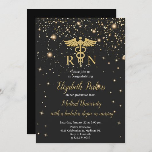 Zwart Goud Verpleegkundig Afstudeerfeest Kaart (Voorkant / Achterkant)