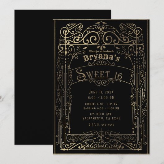 Zwart & Goud  Victoriaans Deco Sweet 16 Party Kaart (Voorkant / Achterkant)