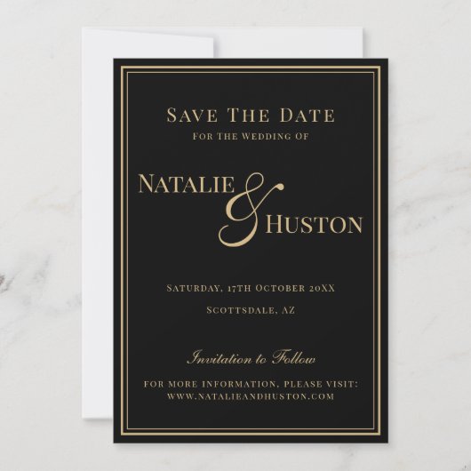 Zwart Goud Victoriaans Gepersonaliseerde Bruiloft Save The Date (Voorkant)
