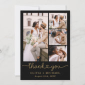 Zwart Goud Vier Foto Collage Script Wedding Bedankkaart (Voorkant)