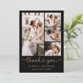 Zwart Goud Vier Foto Collage Script Wedding Bedankkaart (Staand voorkant)