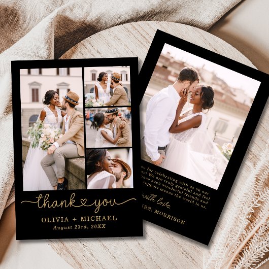Zwart Goud Vijf Foto Collage Script Wedding Bedankkaart