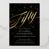 Zwart Goud Vijftig Elegant Confetti 50ste Verjaard Folie Uitnodiging (Voorkant)