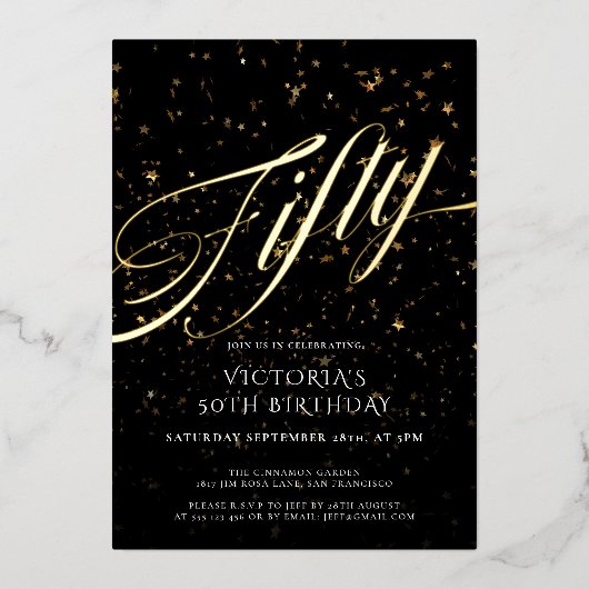 Zwart Goud Vijftig Elegant Confetti 50ste Verjaard Folie Uitnodiging (Voorkant)
