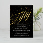 Zwart Goud Vijftig Elegant Confetti 50ste Verjaard Folie Uitnodiging (Staand Voorkant)