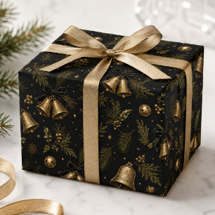 Zwart Goud Vintage Kerstbellen & Hulst Cadeaupapier