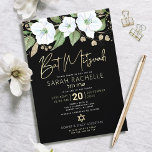 Zwart Goud Vleermuis Mitzvah Script Bloemen Waterv Kaart<br><div class="desc">Wees trots, blij en toon deze mijlpaal van je favoriete Bat Mitzvah met deze geavanceerde, persoonlijke uitnodiging! Een schitterende, witte en goudglitterflorale waterverf met faux Gold foil scripttypografie en een witte san serif bekleedt een dramatische zwarte achtergrond. Extra waterverf bloemen en een gouden ster van David leggen een zwarte achtergrond...</div>