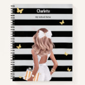 Zwart Goud Vlinder Blond Meisje Wit Jurk Notitieboek (Voorkant)