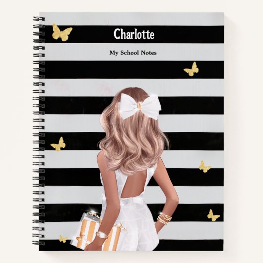 Zwart Goud Vlinder Blond Meisje Wit Jurk Notitieboek (Voorkant)