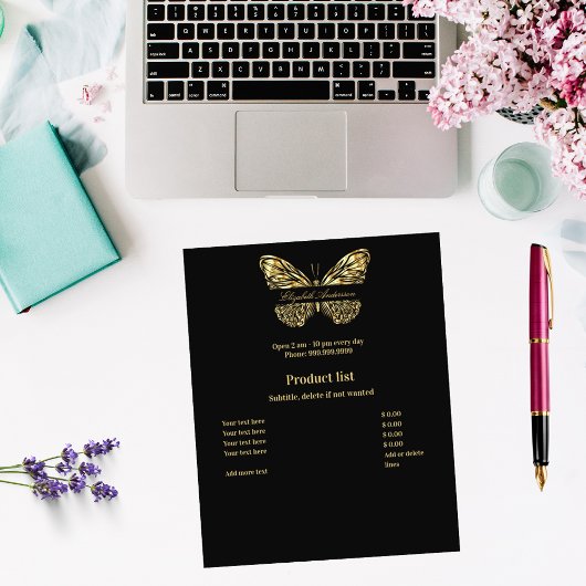 Zwart goud vlinder business prijslijst flyer
