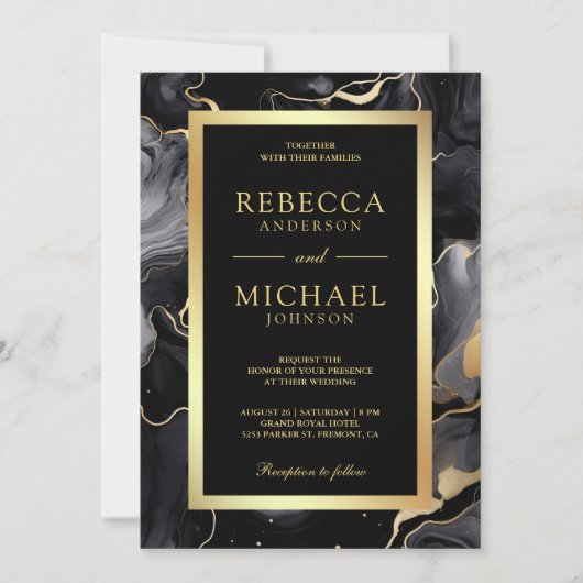 Zwart Goud Vloeibare Inkt Foto Collage Bruiloft Kaart (Voorkant)