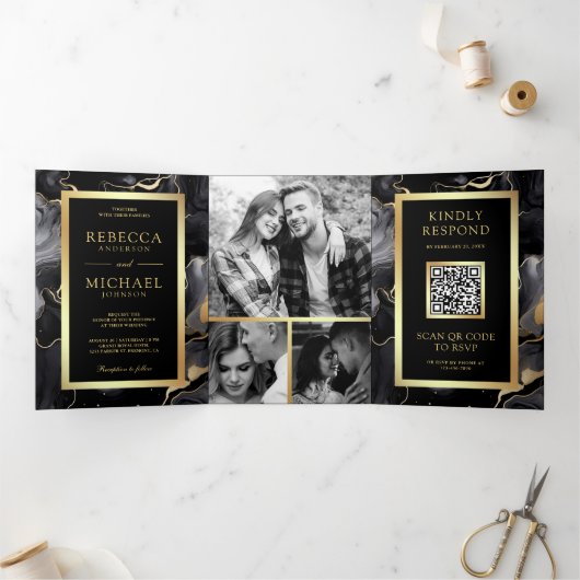 Zwart Goud Vloeibare Inkt QR Code Bruiloft Drieluik Uitnodiging (Binnen)