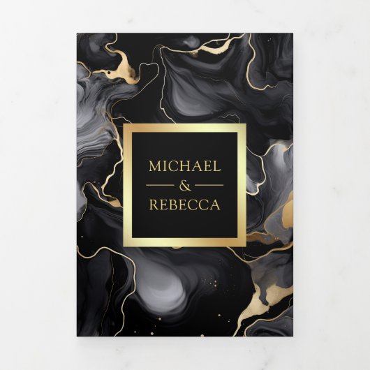 Zwart Goud Vloeibare Inkt QR Code Bruiloft Drieluik Uitnodiging (Cover)