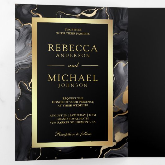 Zwart Goud Vloeibare Inkt QR Code Bruiloft Drieluik Uitnodiging (Binnenzijde eerst)