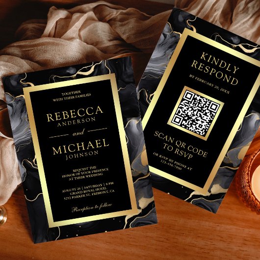 Zwart Goud Vloeibare Inkt QR Code Bruiloft Kaart