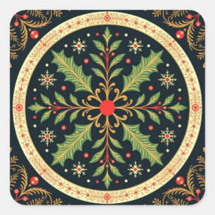 Zwart & Goud Volkskunst Kerst Hulst Vierkante Sticker
