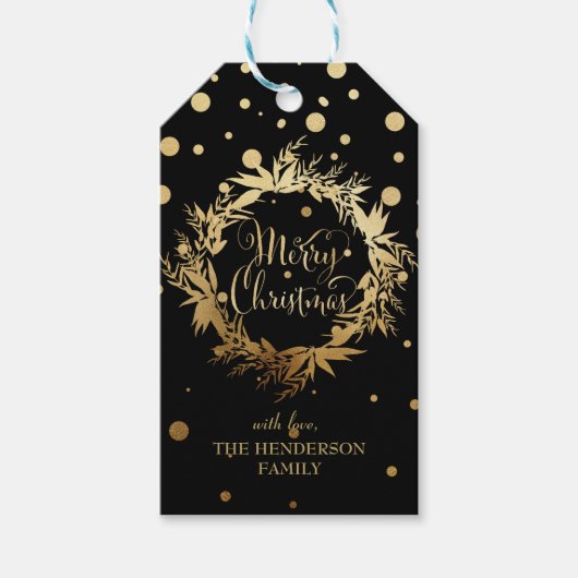 Zwart Goud Vrolijk Kerstmis Eucalyptus Krans Cadeaulabel (Voorkant)