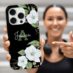 Zwart Goud Waterverf Bloemen Monogram Script Chic iPhone 16 Pro Hoesje