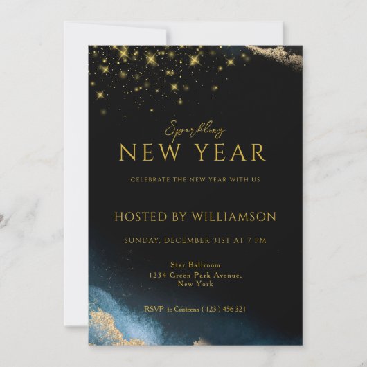 Zwart Goud | Waterverf Glitterend Nieuwjaarsfeest Feestdagenkaart (Voorkant)