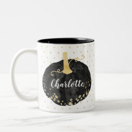 Zwart & Goud Waterverf Monogram Pompoen Halloween Tweekleurige Koffiemok