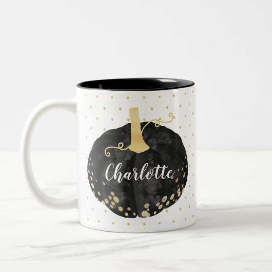 Zwart & Goud Waterverf Monogram Pompoen Halloween Tweekleurige Koffiemok (Links)