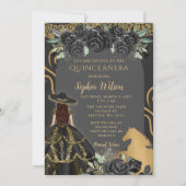 Zwart Goud Western Paard Bloemen Charra Quinceañer Kaart (Voorkant)