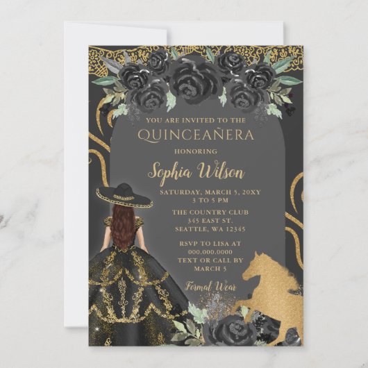 Zwart Goud Western Paard Bloemen Charra Quinceañer Kaart (Voorkant)