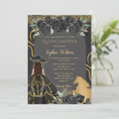 Zwart Goud Western Paard Bloemen Charra Quinceañer Kaart (Staand voorkant)
