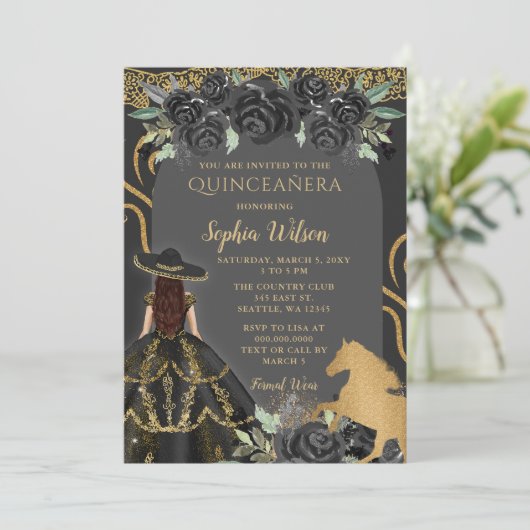 Zwart Goud Western Paard Bloemen Charra Quinceañer Kaart (Staand voorkant)
