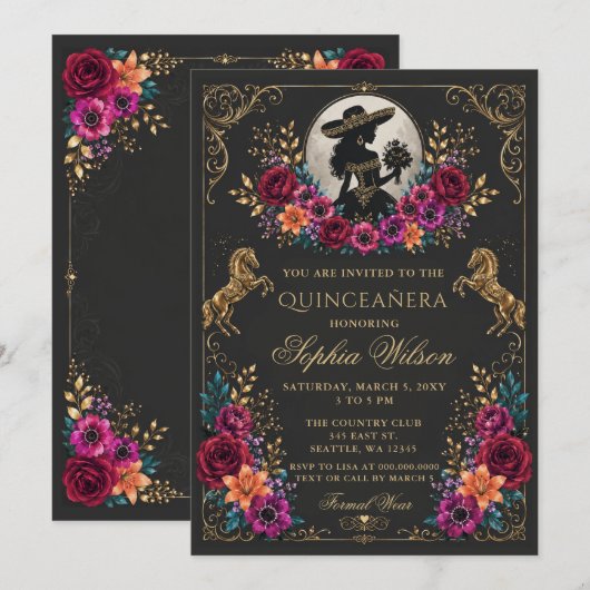 Zwart Goud Westers Paard Bloemstuk Charra Quinceañ Kaart (Voorkant / Achterkant)