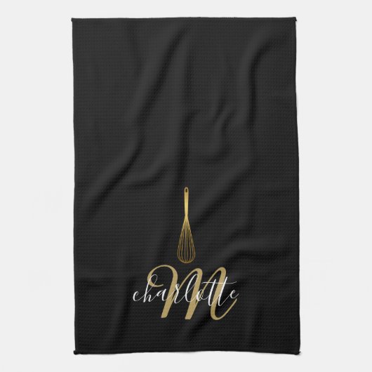 Zwart Goud Whisk Script Monogram Theedoek (Verticaal)