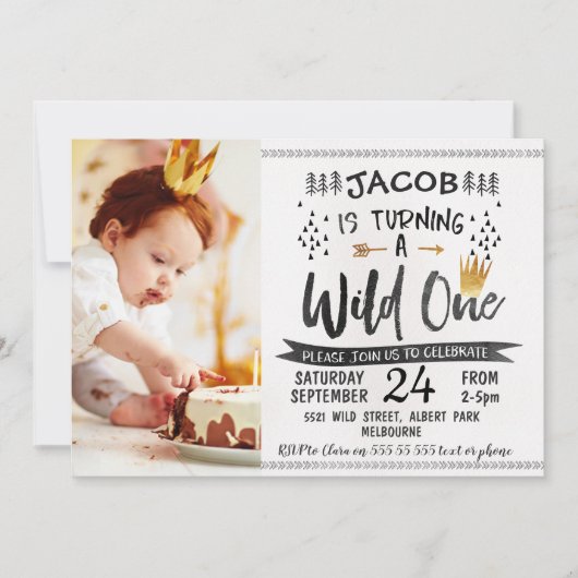 Zwart Goud Wild One Foto 1e Verjaardag Uitnodiging (Voorkant)