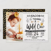 Zwart Goud Wild One Foto 1e Verjaardag Uitnodiging (Voorkant / Achterkant)