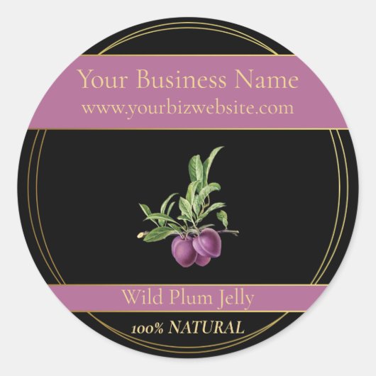 Zwart & Goud Wild Plum Jelly Productlabel Ronde Sticker (Voorkant)